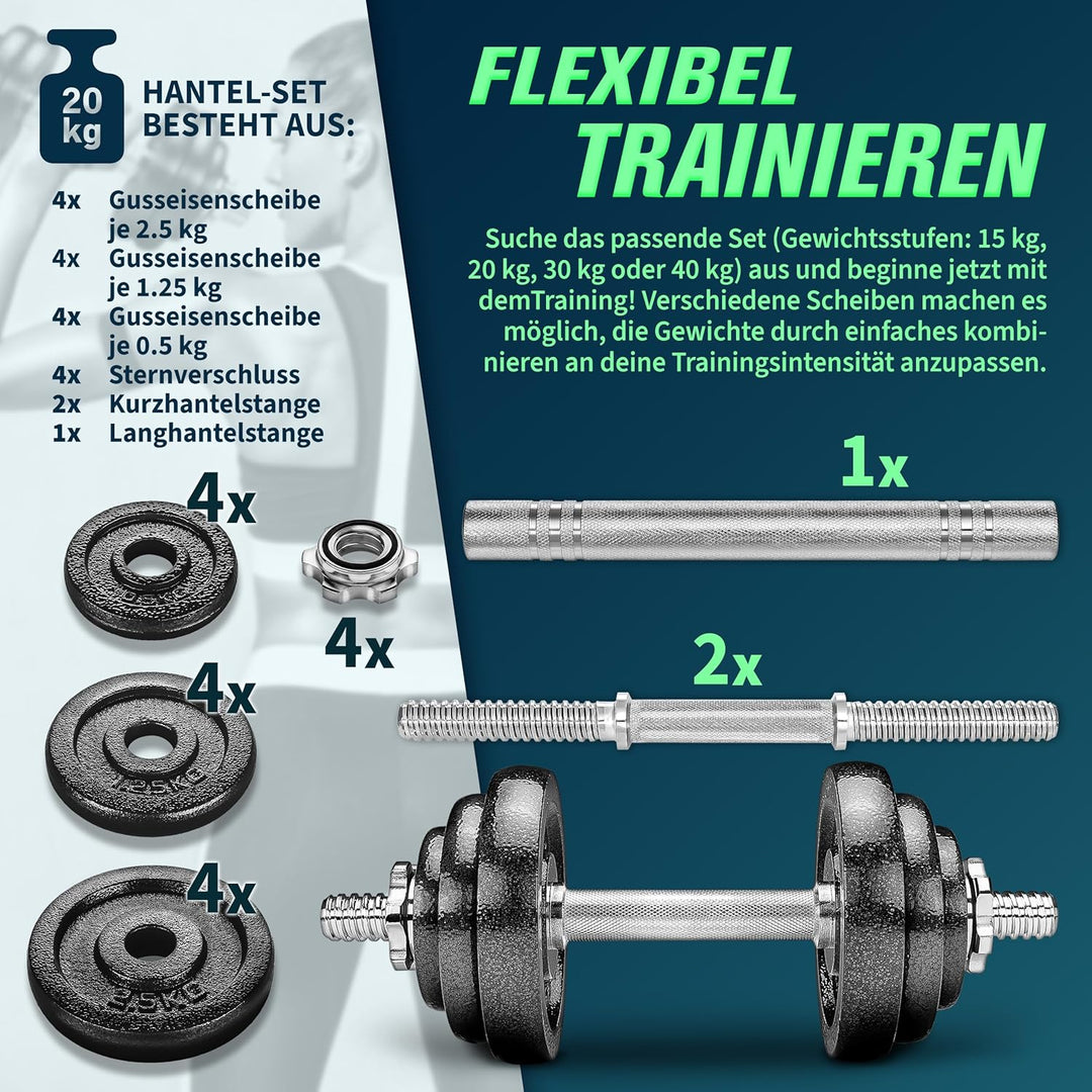 RE:SPORT 2 in 1 Hanteln Set 15-60kg | Hantelset Gusseisen verstellbar | Kurzhantel &amp; Langhantel | St