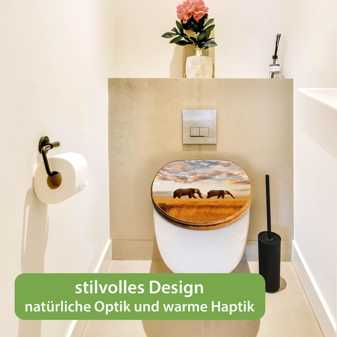 banjado® Design WC Sitz Bambus Absenkautomatik mit Motiv Elefanten/Toilettendeckel mit Absenkautomat