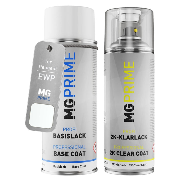 MG PRIME Autolack 2K Spraydosen Set für Peugeot EWP Blanc Banquise/Schneeweiss Basislack 2 Komponent