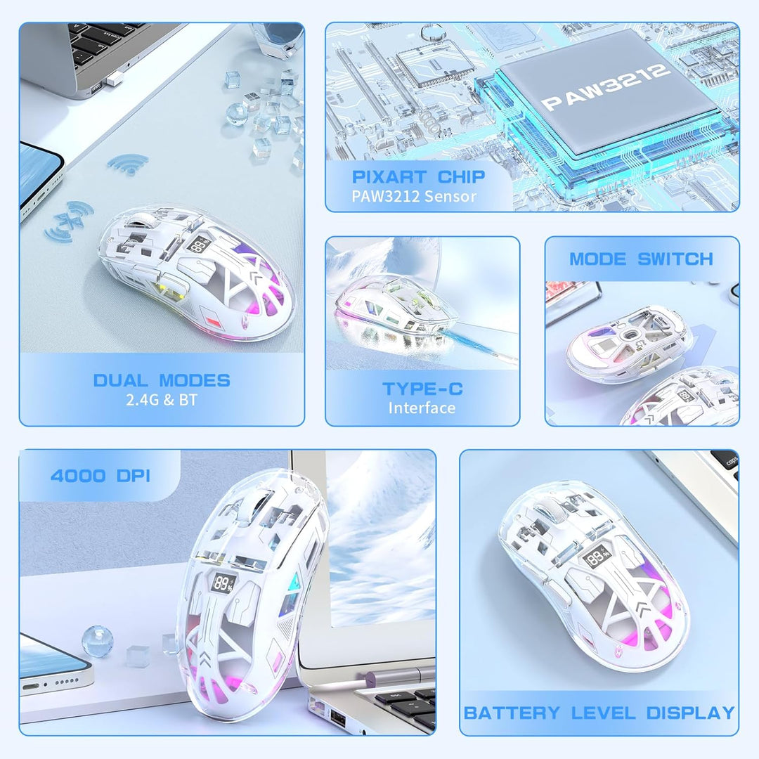 ZIYOU LANG x FREEWOLF Kabellose Gaming Maus, PixArt PAW3212 Dual Mode 2.4G/Bluetooth Transparente RG