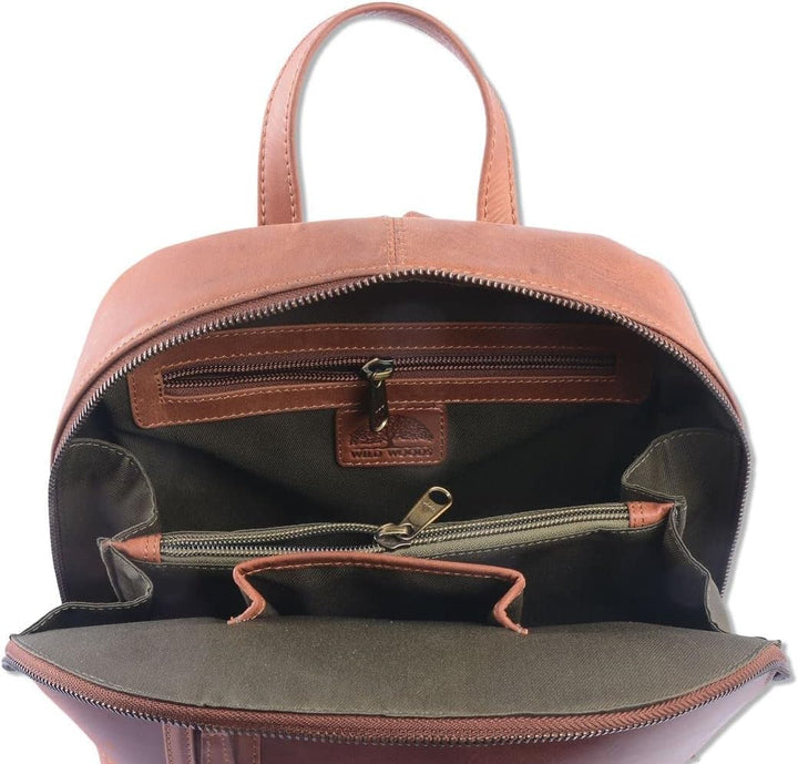 WILD WOODS Rucksack Leder Schulrucksack Fahrradrucksack Wanderrucksack Lederrucksack Rindsleder Cogn
