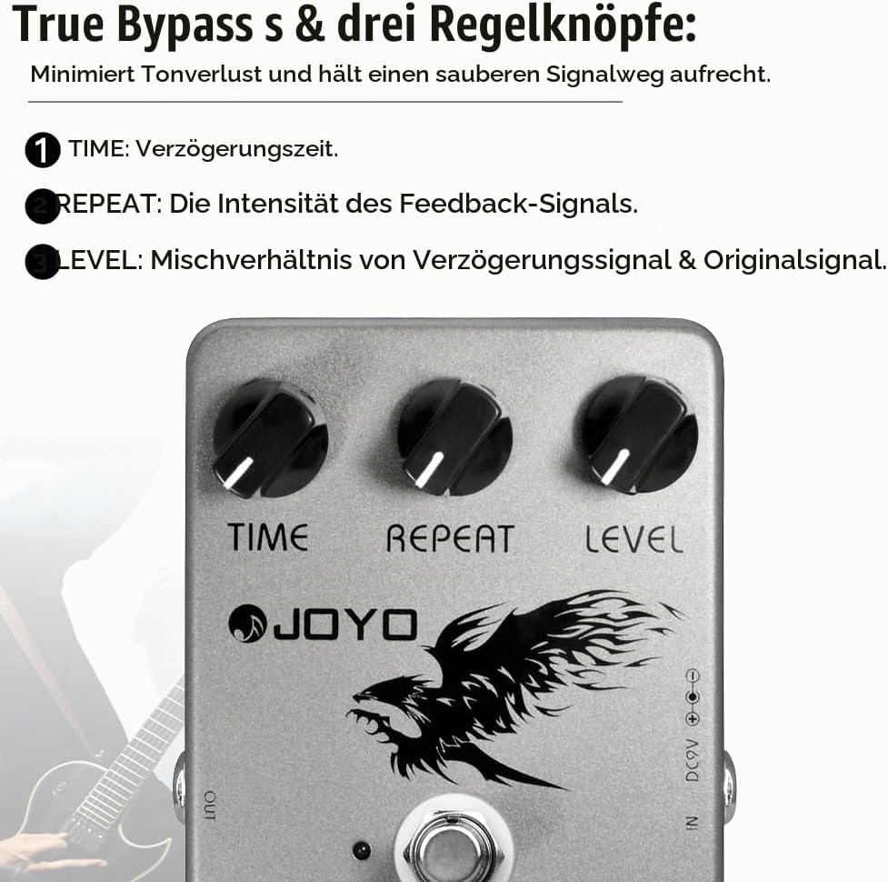 JOYO Digitales Delay-Effektpedal für E-Gitarre und Bass, Verzögerungszeitbereich 25–600 ms, Sounds „