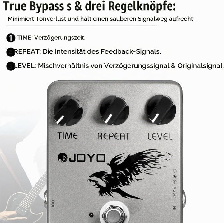 JOYO Digitales Delay-Effektpedal für E-Gitarre und Bass, Verzögerungszeitbereich 25–600 ms, Sounds „
