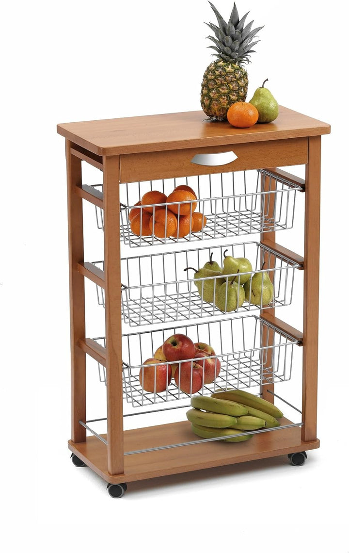 ARREDAMENTIITALIA Küchenwagen RAIKON, Holz - 3 Körbe - Schublade - Farbe: Kirsche Holz AR-It il Cuor