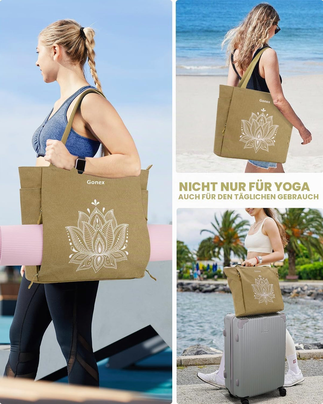 Gonex Yogatasche, Grosse Pilates Tragetasche mit Mehreren Taschen für Damen Herren, Robuste Canvas T