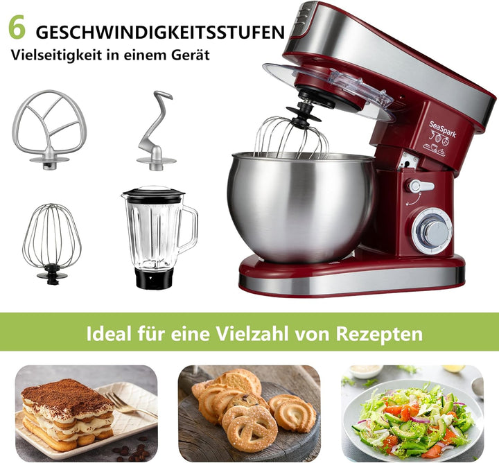 Küchenmaschine, 6 L Knetmaschine 1200W, 6 Geschwindigkeits Küchenmaschine, Teigmaschine mit Rührhake