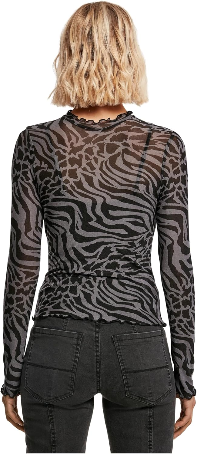 Urban Classics Damen Ladies AOP Mesh Turtleneck Longsleeve XS Asphalt/Black, XS Asphalt/Black
