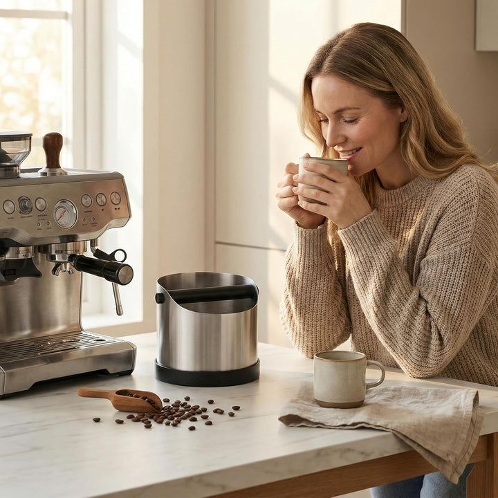 VINATO Edelstahl Abklopfbehälter 1,2L für Siebträger, Espresso Knock Box mit abnehmbarer Klopfstange