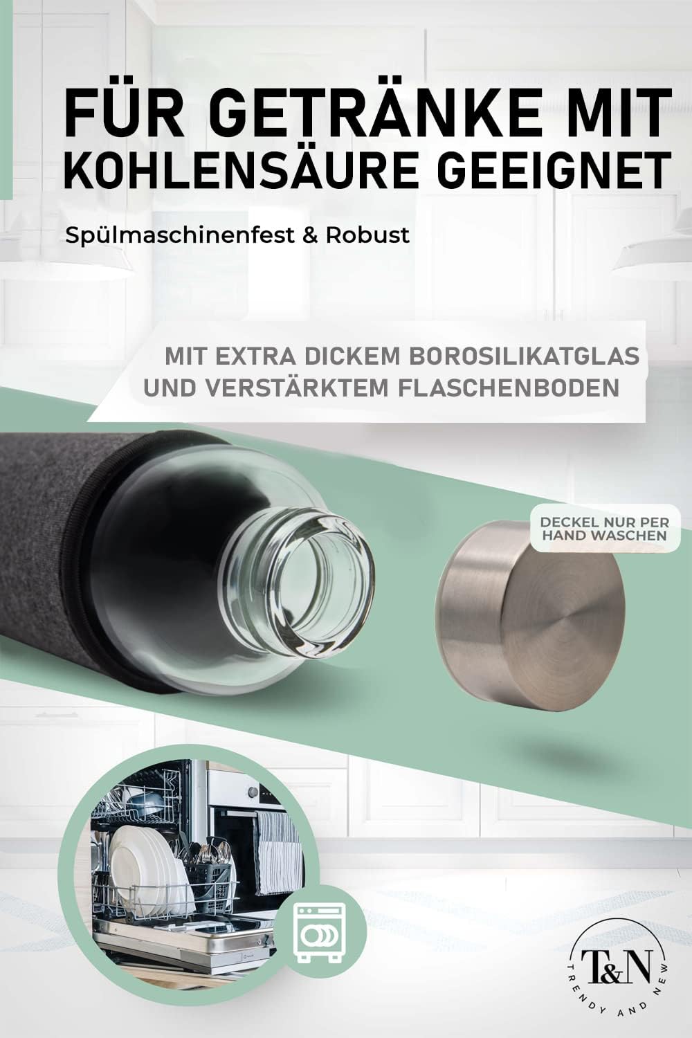 T&N Glasflasche 1 Liter / 750ml / 500ml – Trinkflasche Glas 1l mit Neoprenhülle – Wasserflasche Ausl