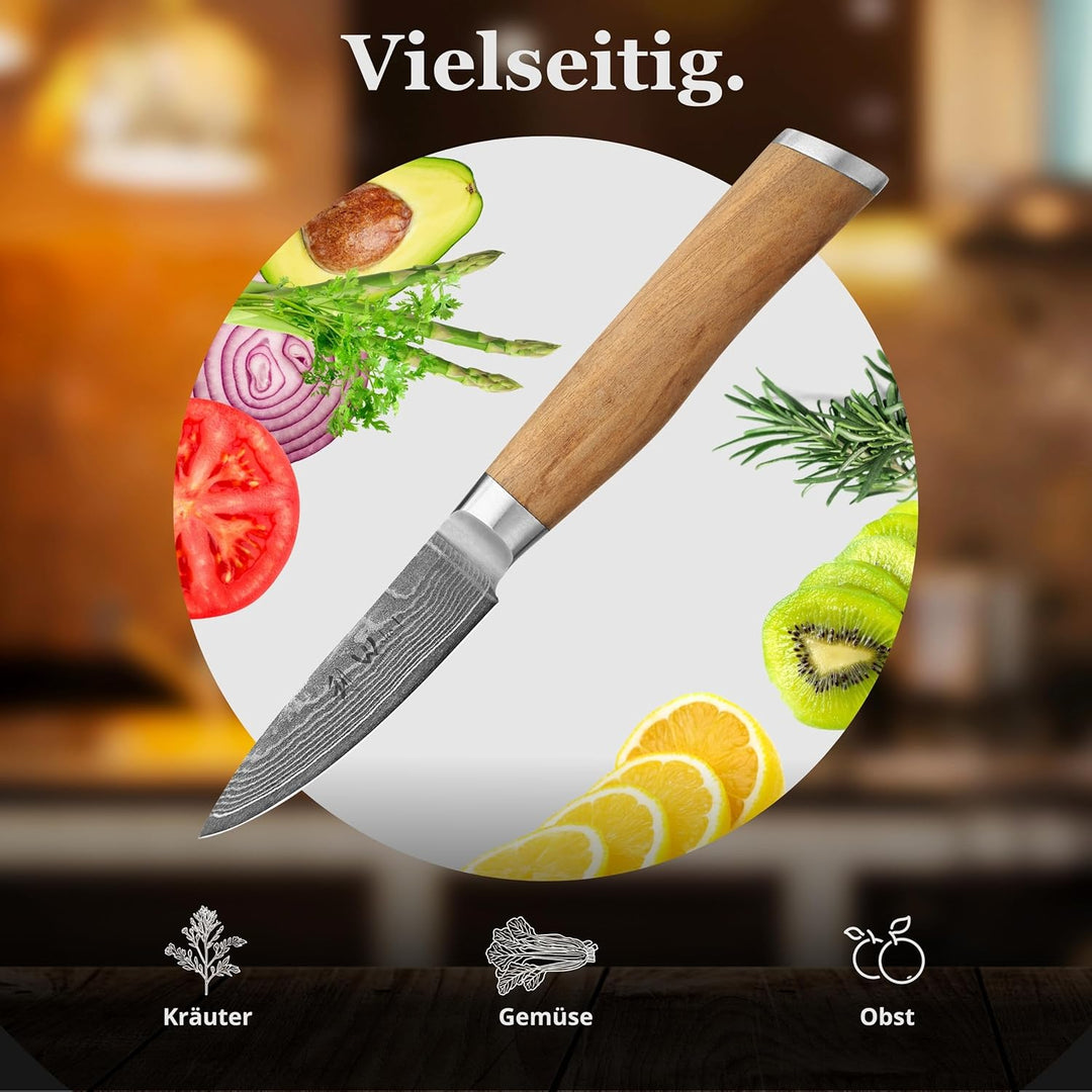 Wakoli Oliven Damastmesser - sehr hochwertiges Profi Messer mit Olivenholz Griff mit Damast Klinge,