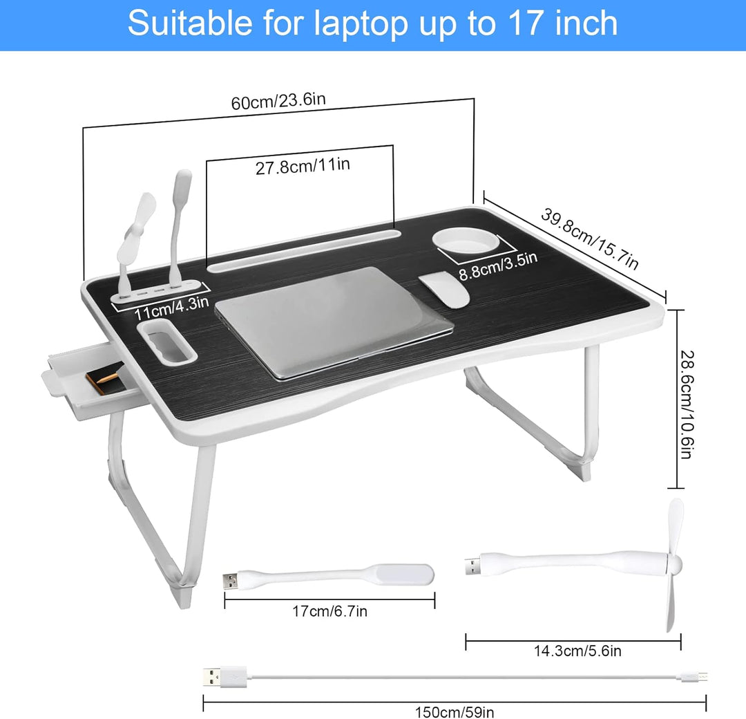 Laptop Betttisch, Faltbarer Laptop-Betttisch mit USB-Ladeanschluss, Griff, Kartenfach, Becherhalter,