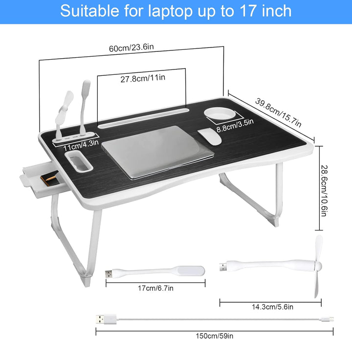 Laptop Betttisch, Faltbarer Laptop-Betttisch mit USB-Ladeanschluss, Griff, Kartenfach, Becherhalter,