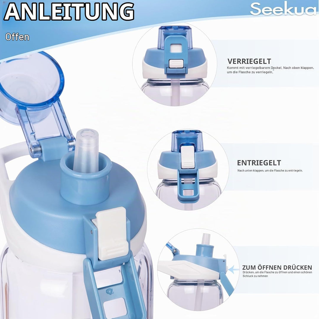 Seekua 0.6l Sport Trinkflasche Glas Flasche mit Strohhalm &amp; Zeitmarkierung für Kinder, Schule 600ml