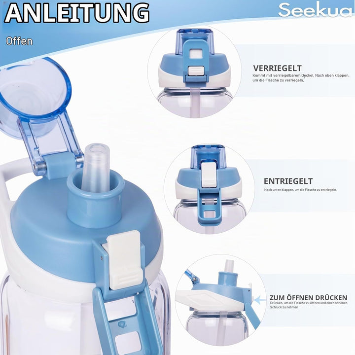 Seekua 0.6l Sport Trinkflasche Glas Flasche mit Strohhalm &amp; Zeitmarkierung für Kinder, Schule 600ml