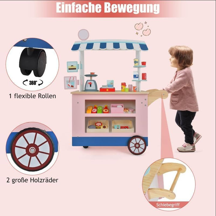 COSTWAY Kaufladen Kinder, Kaufmannsladen Holz mit 2 Ablagen, Schiebegriff &amp; Zubehör, Einkaufsladen a