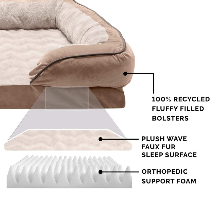 FurHaven Large Memory Foam Dog Bed Perfect Comfort Plush & Velvet Waves Sofa-Style w/Removable Washa