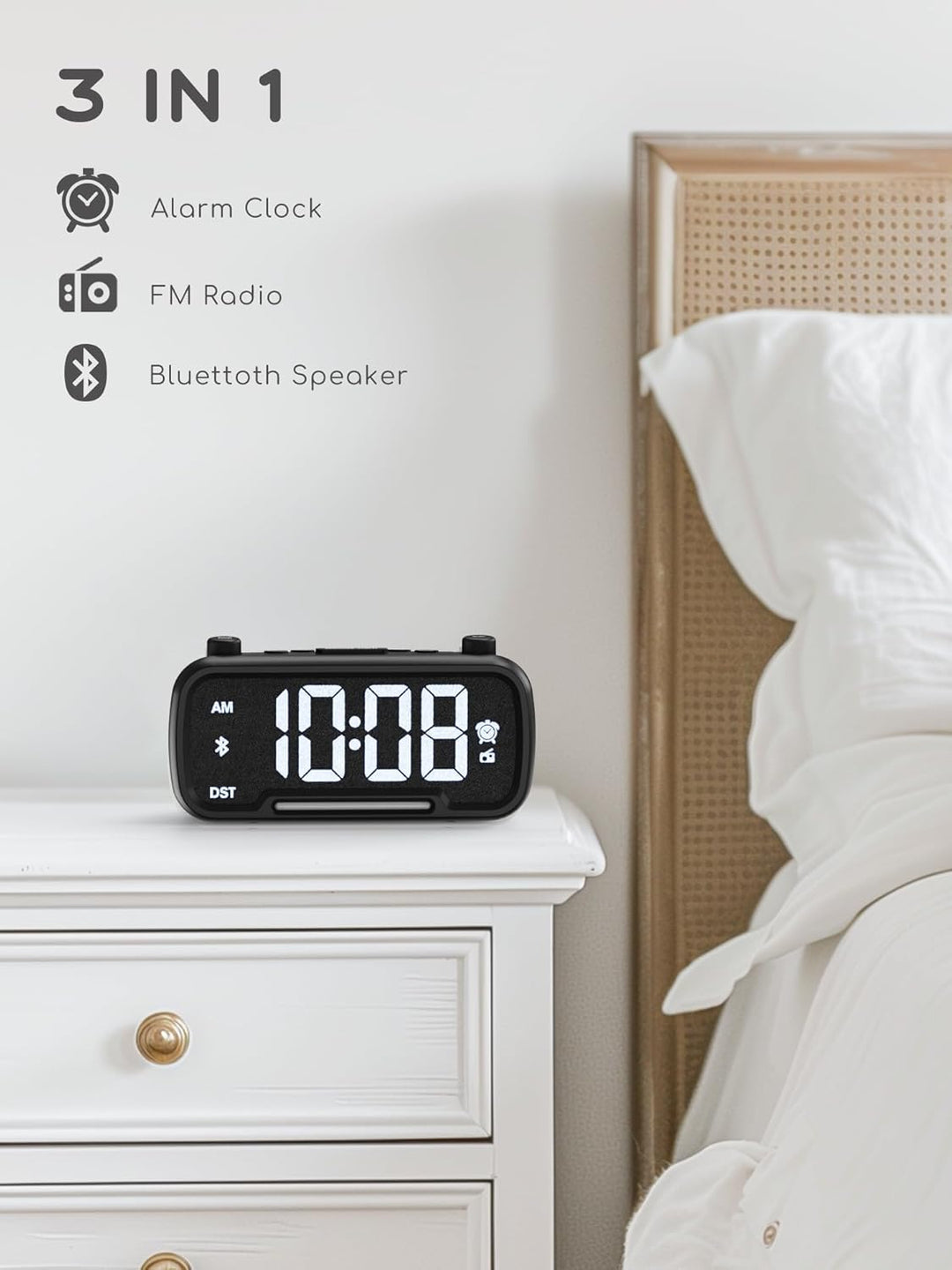 Radiowecker mit Bluetooth-Lautsprecher, Digitaler Wecker mit Typ-C Ladeanschluss, Nachtlicht, Snooze