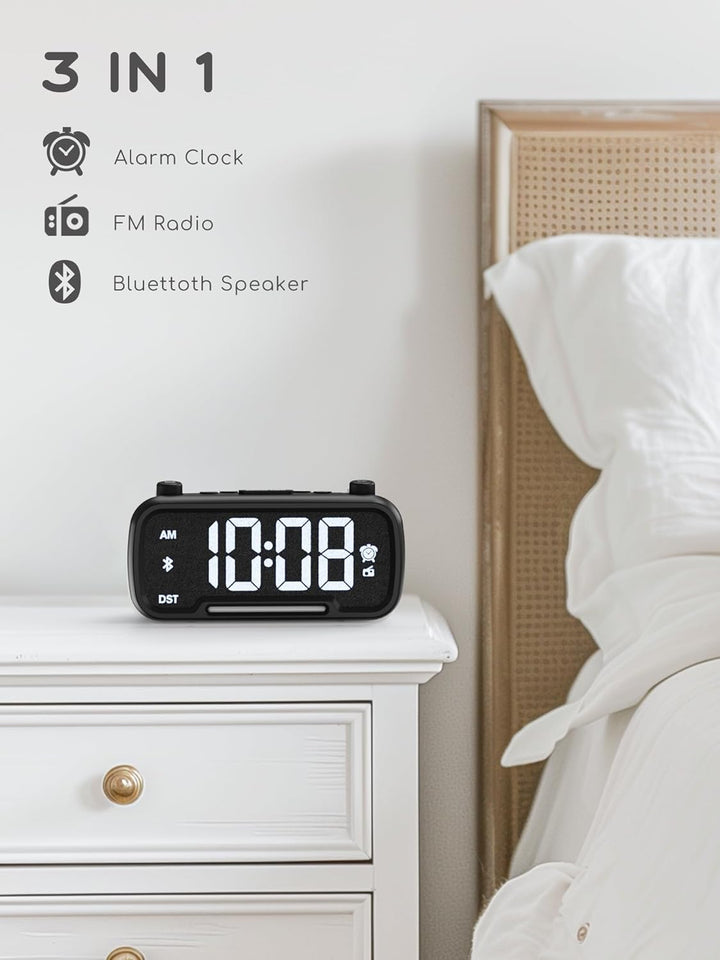 Radiowecker mit Bluetooth-Lautsprecher, Digitaler Wecker mit Typ-C Ladeanschluss, Nachtlicht, Snooze