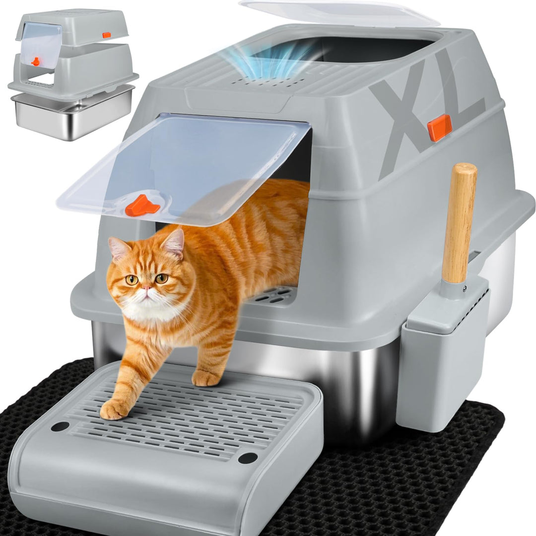 Katzenklo Edelstahl XL, Gross Edelstahl Katzentoilette mit Deckel, Stainless Steel Cat Litter Box, G