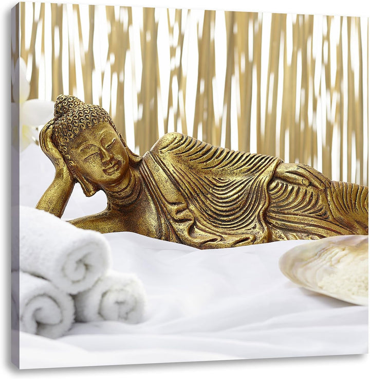 Pixxprint Goldener Buddha auf Handtuch als Leinwandbild/Grösse: 70x70 cm/Wandbild/Kunstdruck/fertig