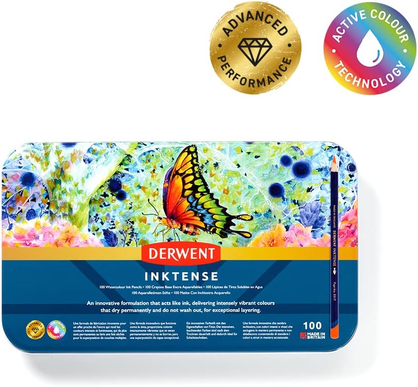 Derwent Inktense Stifte-Set, 100 permanente Aquarellstifte, Premium-Malstifte für Erwachsene, wasser