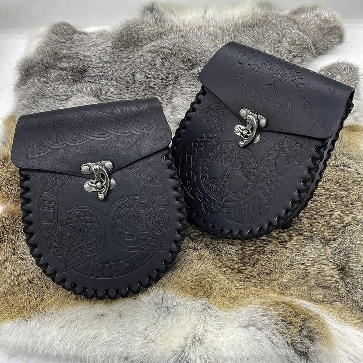 Nordische geprägte Gürteltasche, mittelalterliche Kunstledertasche, Schwarze Wikinger-Renaissance-Mü