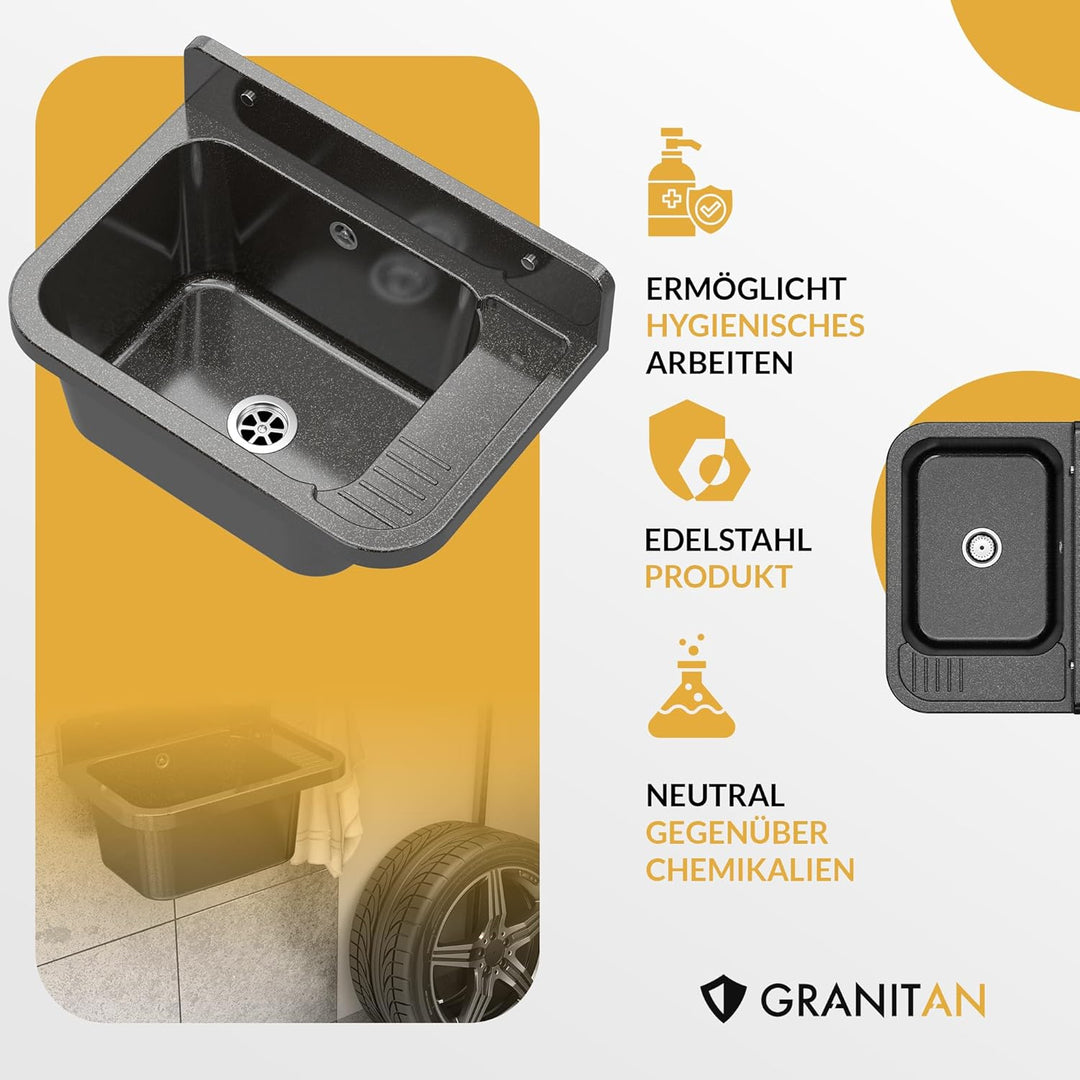 Granitan Ausgussbecken für Garage Keller Werkstatt und Waschküche - Universal Waschtrog Set mit Siph