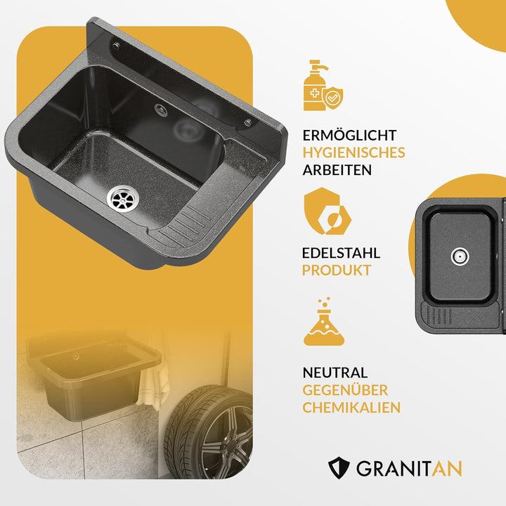 Granitan Ausgussbecken für Garage Keller Werkstatt und Waschküche - Universal Waschtrog mit Siphon -