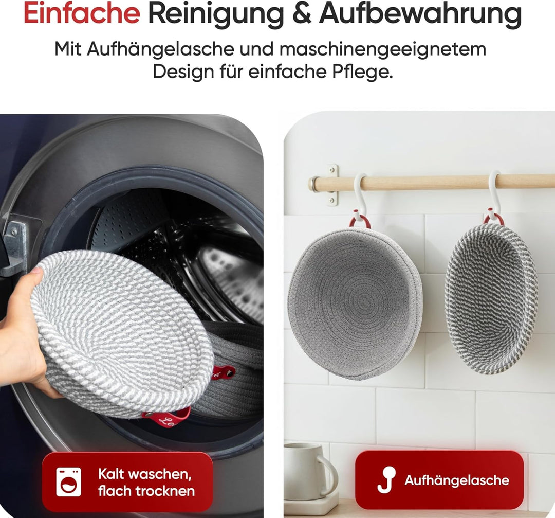 Gärkörbchen & Gärkorb Set Oval und Rund aus Baumwollseil – Banneton Brotbackkorb mit Einlagen und Ab