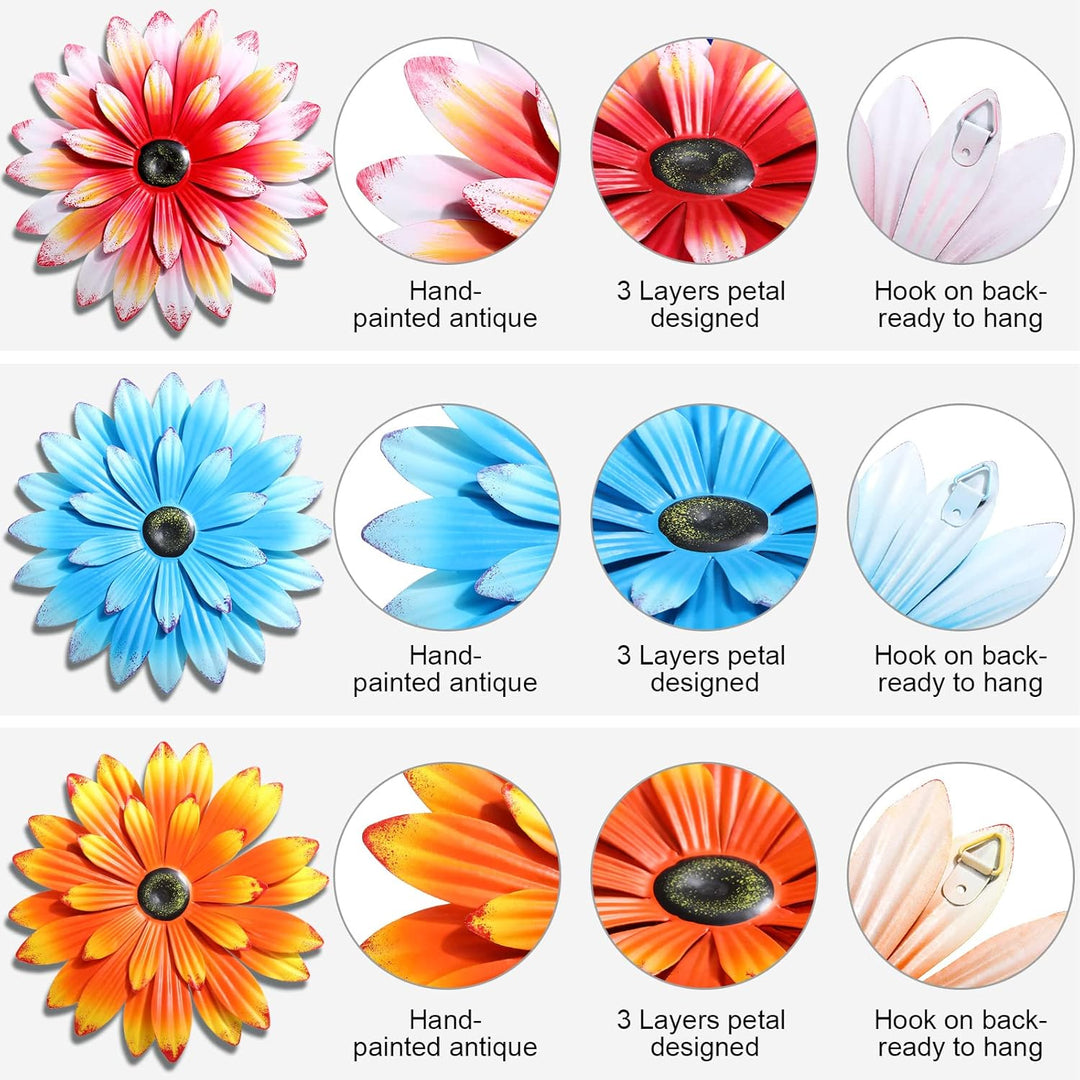 3 Stück Metall-Blumen-Wandkunst, 3D-Metall-Gänseblümchen, Wanddekoration, mehrere Schichten, hängend
