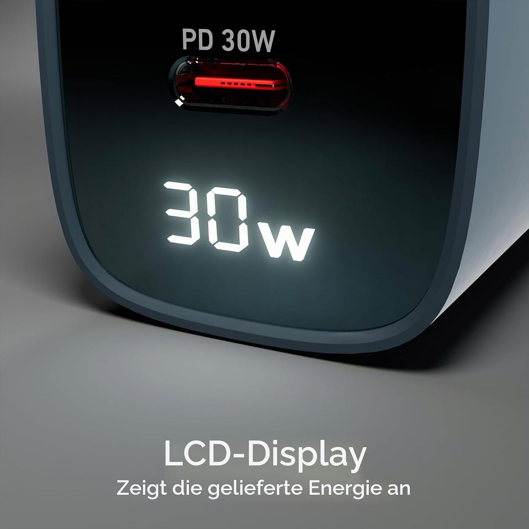 SBS Mehrport-Ladegerät 30W mit LCD, 1 USB-C-Anschluss und 1 USB-A-Anschluss, EU-Stecker, Power Deliv