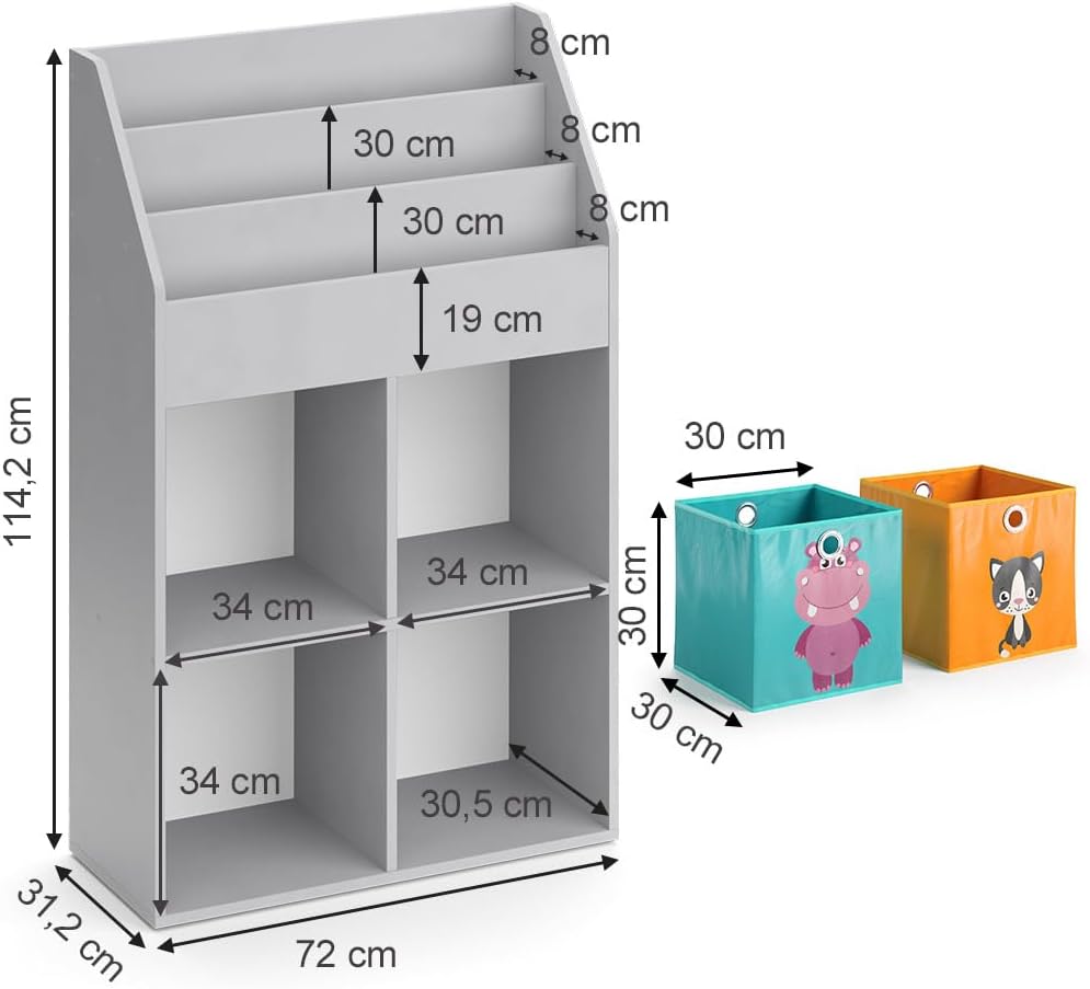 Vicco Kinderregal Grau Luigi mit 2 Faltboxen - 72x114x31 cm aus Spanplatte - Bücherregal ideal fürs