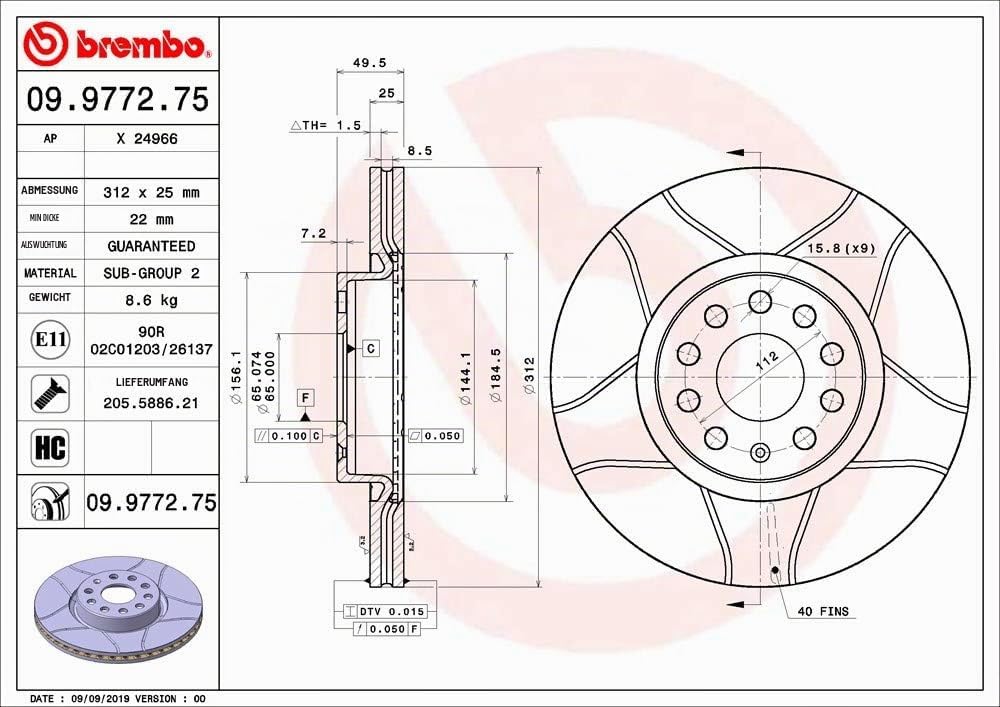 Brembo 09.9772.75 Vordere Bremsscheibe,1 Stück Single, Single