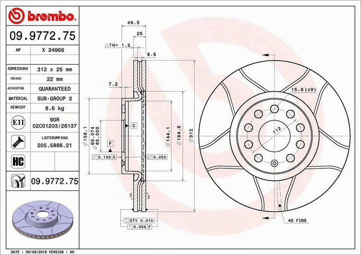 Brembo 09.9772.75 Vordere Bremsscheibe,1 Stück Single, Single