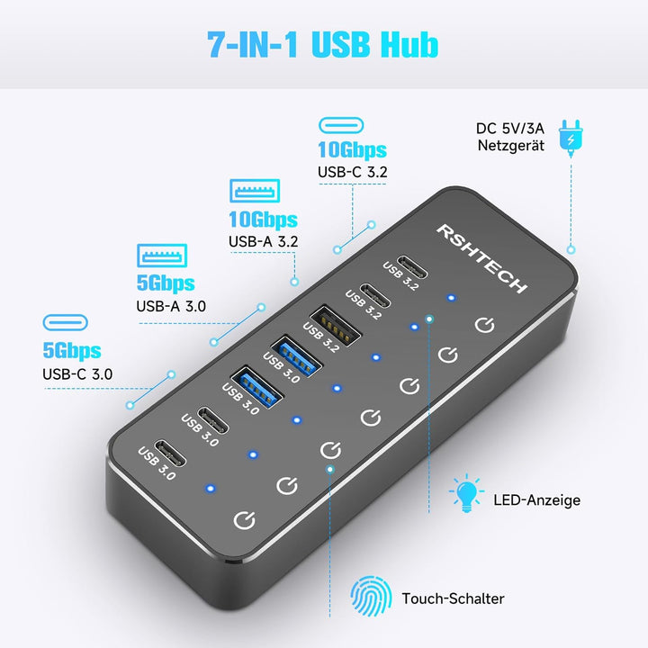 RSHTECH 7 Port USB C 3.2 Hub Aktiv mit Netzteil - USB 3.1 Gen2 Hub mit 3 * 10Gbps Ports (Type-A, 2*T