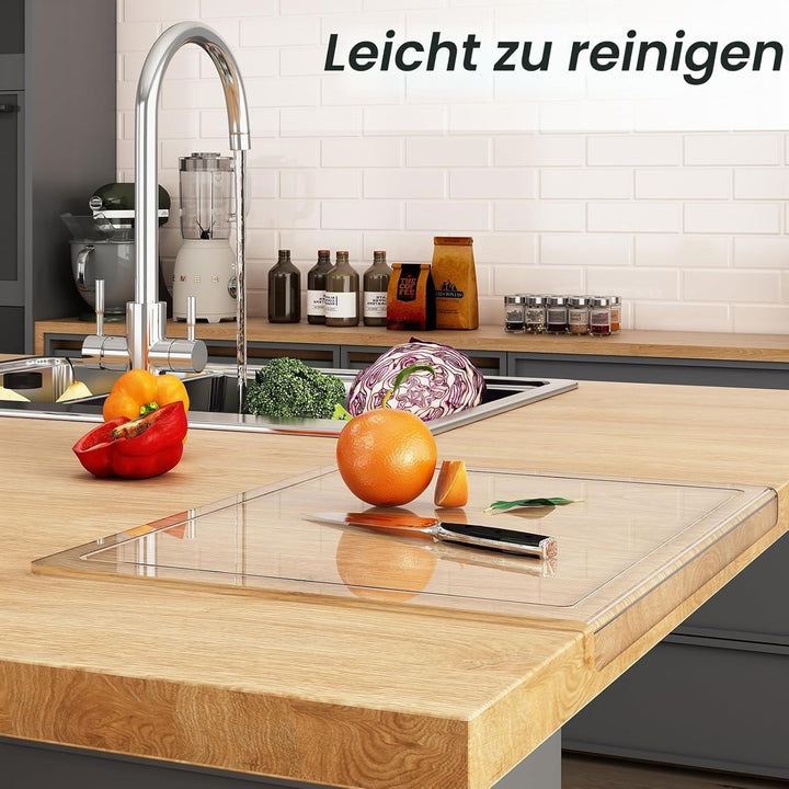 JJL Acryl-Schneidebrett mit Saftkanal 41 x 32 cm - BPA-frei, rutschfest, transparent - Multifunktion