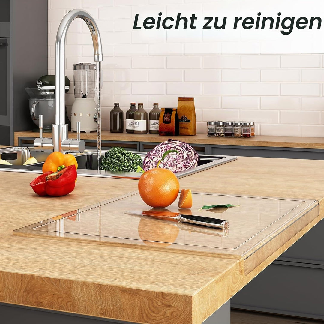 JJL Acryl-Schneidebrett mit Saftkanal 41 x 32 cm - BPA-frei, rutschfest, transparent - Multifunktion