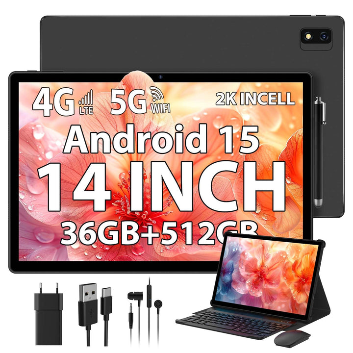 2K Android 15 Tablet 14 Zoll, 36GB RAM, 512GB ROM (2TB Erweiterung), 4G SIM LTE & 5G WiFi, 2000 * 12