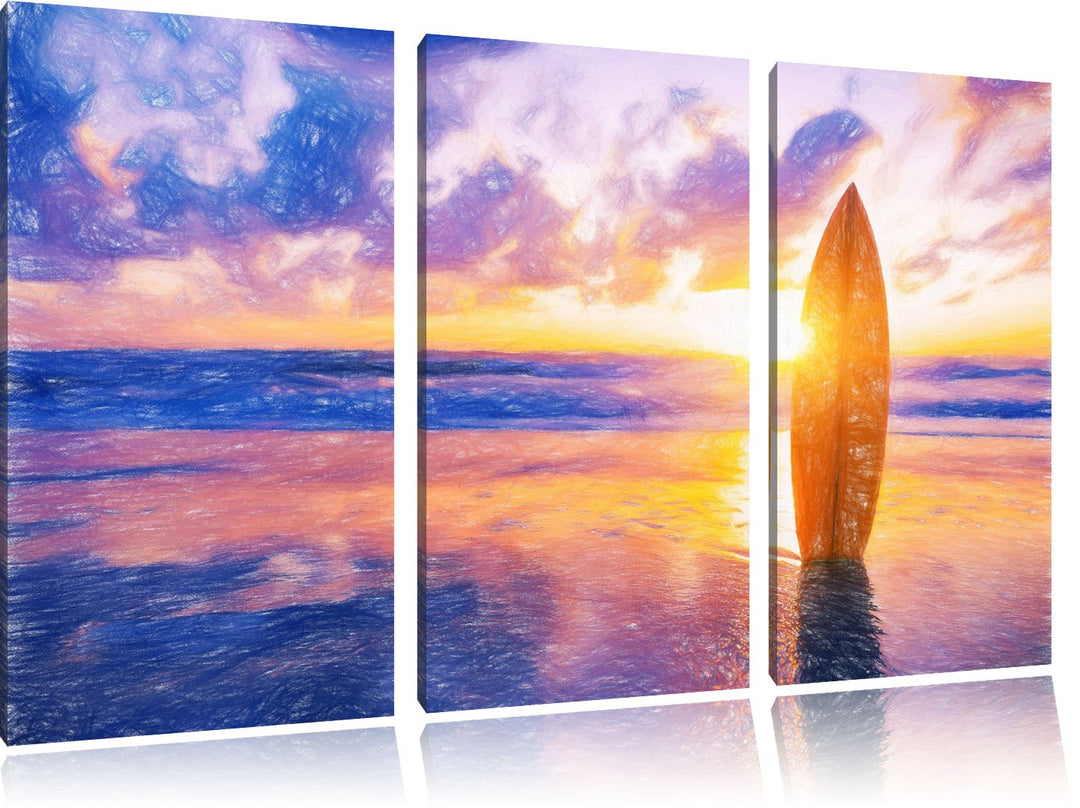 Pixxprint Surfbrett am Strand als Leinwandbild/Grösse: 3 Teilig (120x80 cm) cm/Wandbild/Kunstdruck/f