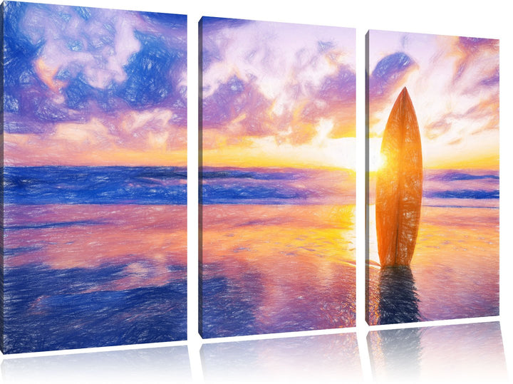 Pixxprint Surfbrett am Strand als Leinwandbild/Grösse: 3 Teilig (120x80 cm) cm/Wandbild/Kunstdruck/f