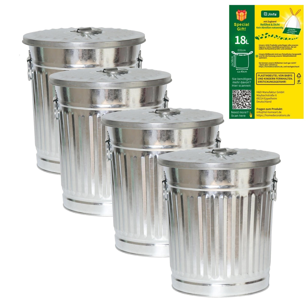 Jinfa 4er-Set Retrodesign verzinkter Metalleimer mit Griffen und Deckel + 5 Müllbeutel | Zink | 18L