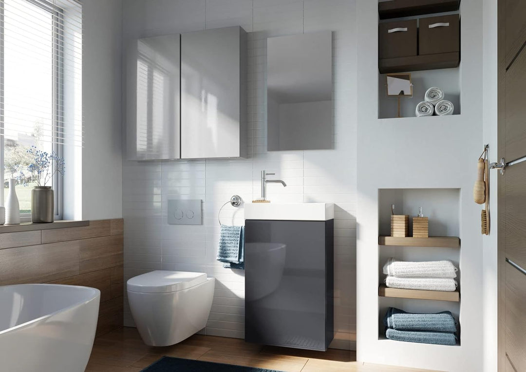 VBChome Badmöbel Set 40 cm Weiss Waschbecken mit Anthrazit Hängeschrank Waschtisch 1-Türen Push to O