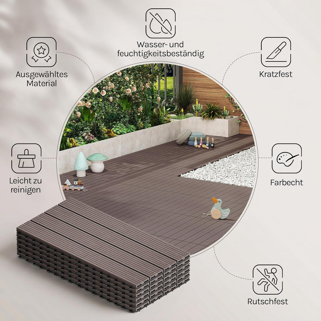 WOLTU WPC Fliese, Terrassenfliesen Holz-Optik, Bodenbelag mit Klicksystem, 30 x 60 cm, Braun (12 Stü