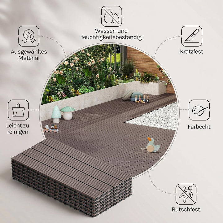 WOLTU WPC Fliese, Terrassenfliesen Holz-Optik, Bodenbelag mit Klicksystem, 30 x 60 cm, Braun (12 Stü