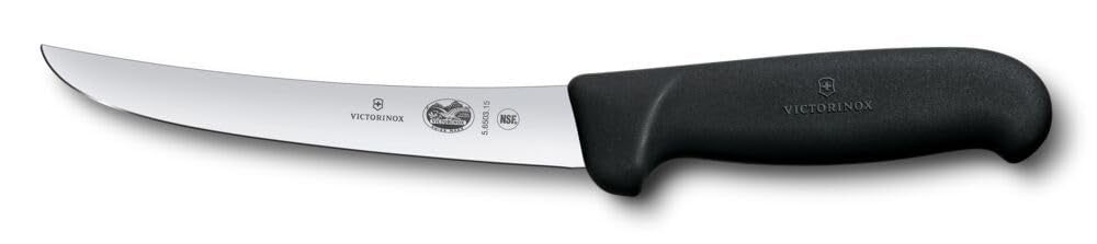 Victorinox Fibrox Ausbeinmesser, Scharfes Küchenmesser für Fleisch und Geflügel, 15 cm, Gebogene Kli