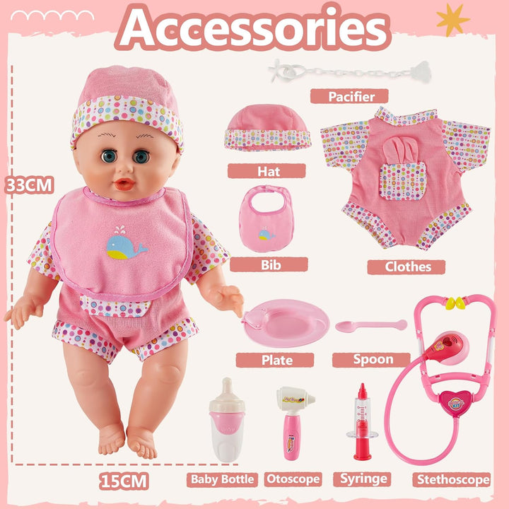 HERSITY Babypuppen Spielset mit 12 Ton und Automatisches Öffnen und Schliessen Augen, Puppen Kleider