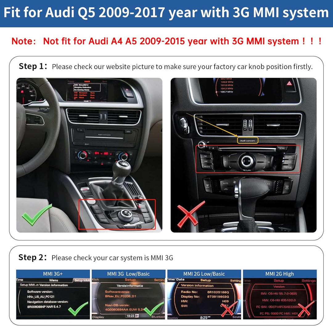 Road Top 12,3 Zoll Autoradio Drahtlos CarPlay Touchscreen für Audi Q5 2009-2017 Jahr mit 3GMMI, Auto