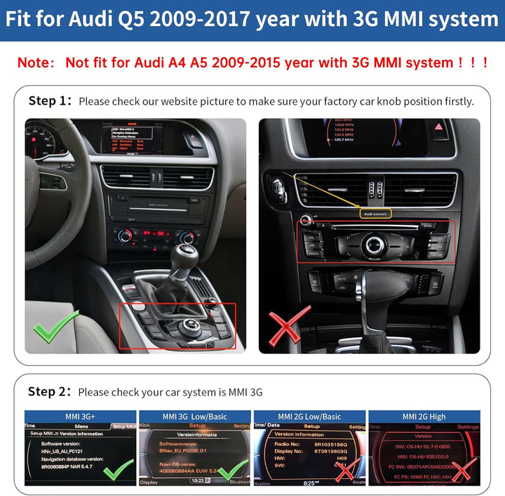 Road Top 12,3 Zoll Autoradio Drahtlos CarPlay Touchscreen für Audi Q5 2009-2017 Jahr mit 3GMMI, Auto