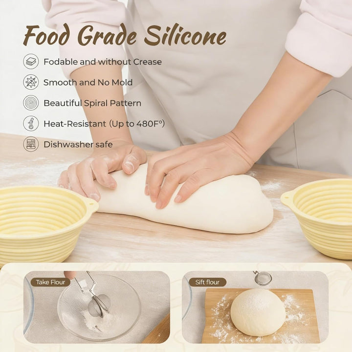 Gärkörbchen Sauerteig Starter Set Silikon 23cm Rund & 25cm Oval Gärkorb mit 650ML Sauerteig Glas Fal