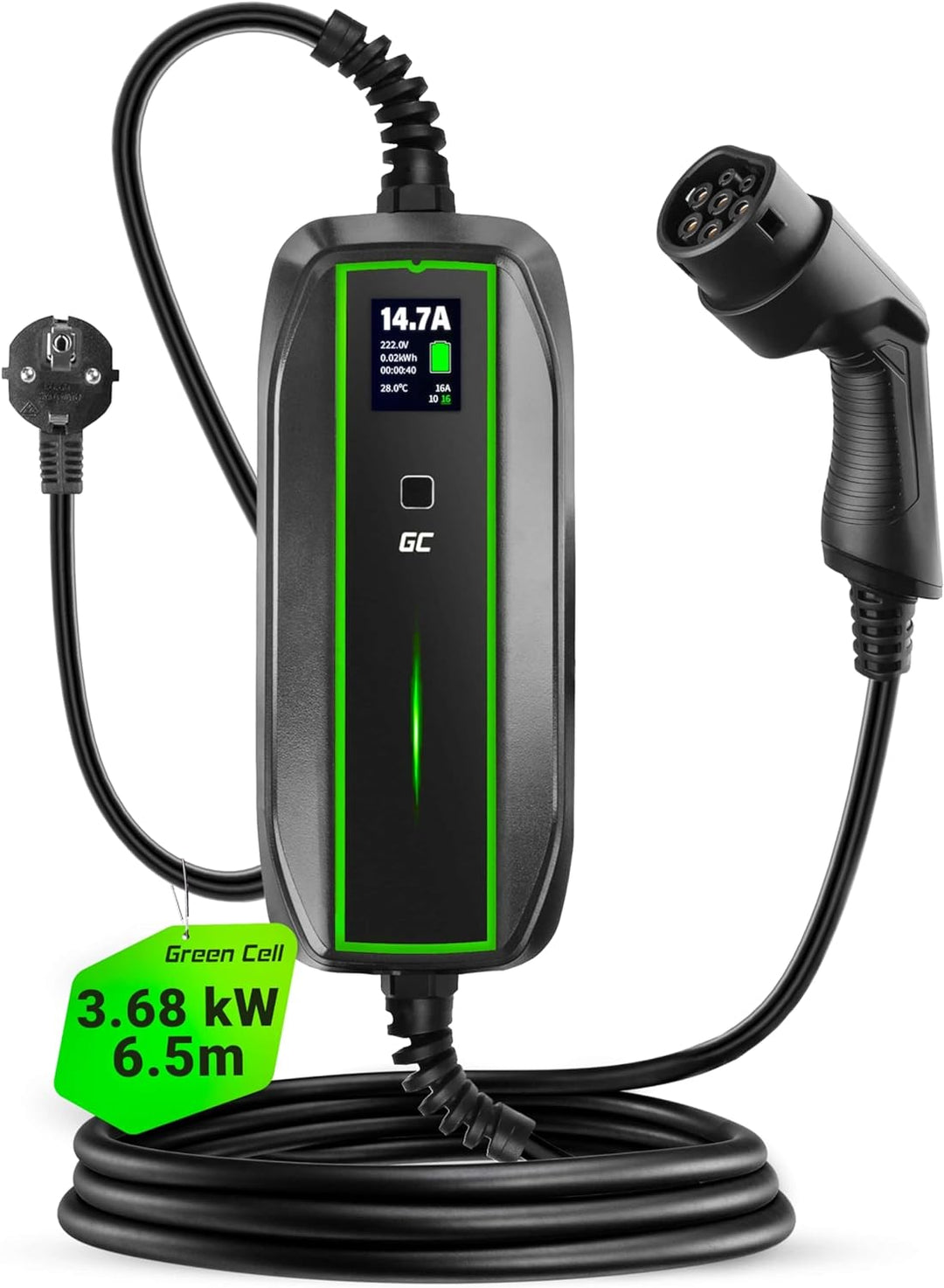Green Cell EV Ladegerät Typ 2 Ladekabel Schuko für Elektroautos 10A / 16A 3,68kW 6,5m 1-Phasig LCD D